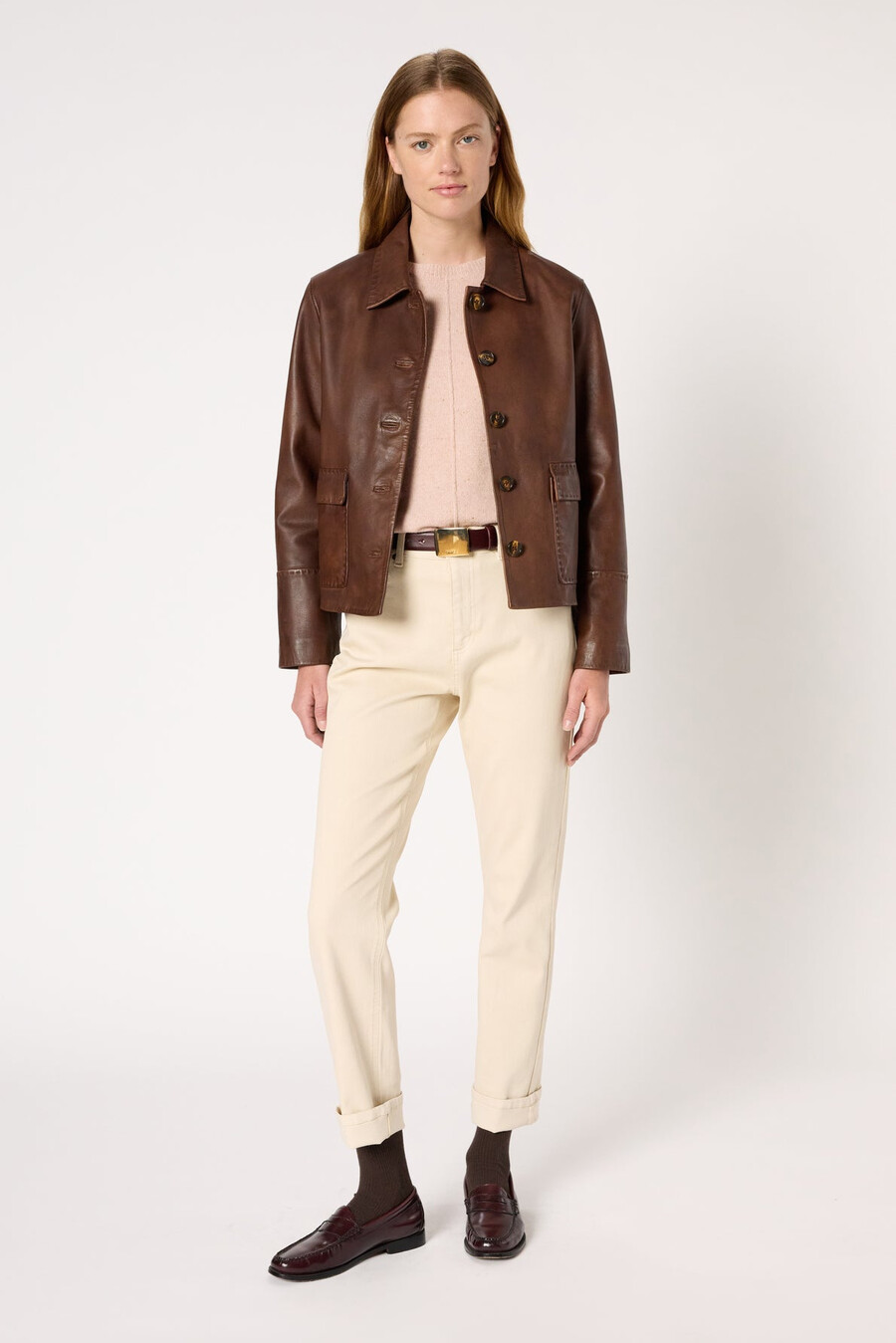 veste en cuir vieilli à coupe droite - naima