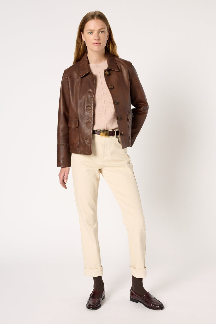 veste en cuir vieilli à coupe droite - naima