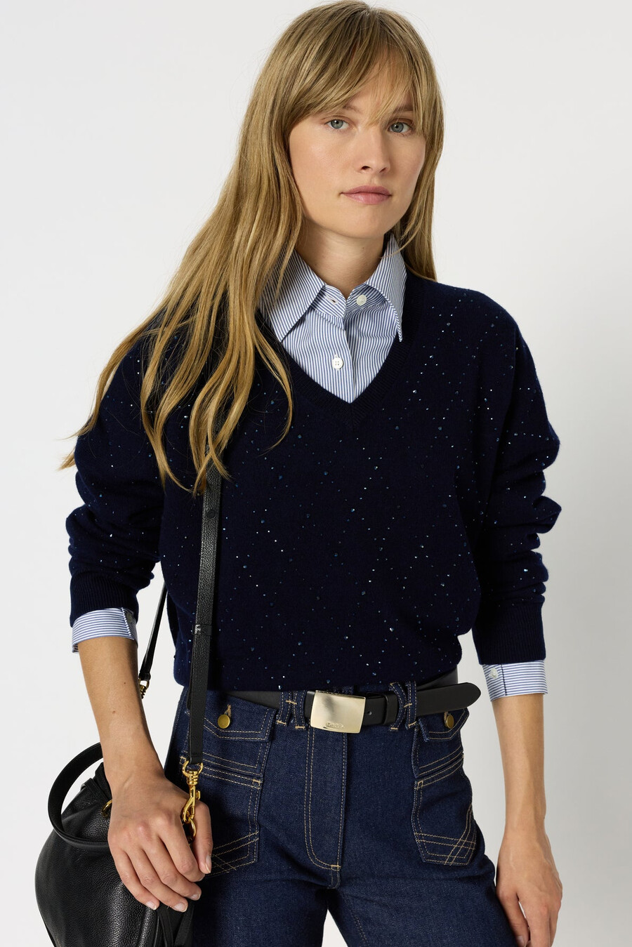 pull en laine à col v orné de strass - edwige